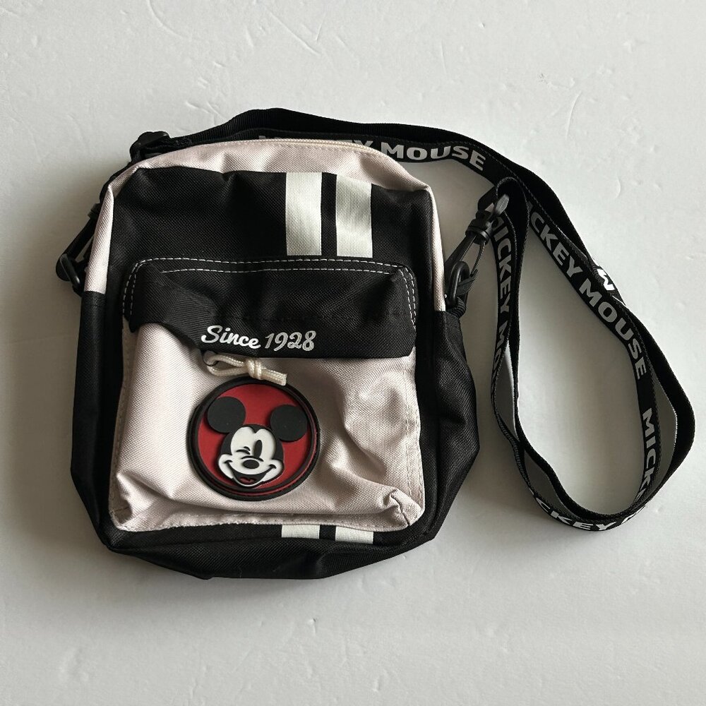 Disney Womens Mini Messenger Bag Mickey Mouse Black Beige Logo Pocket Bioworld